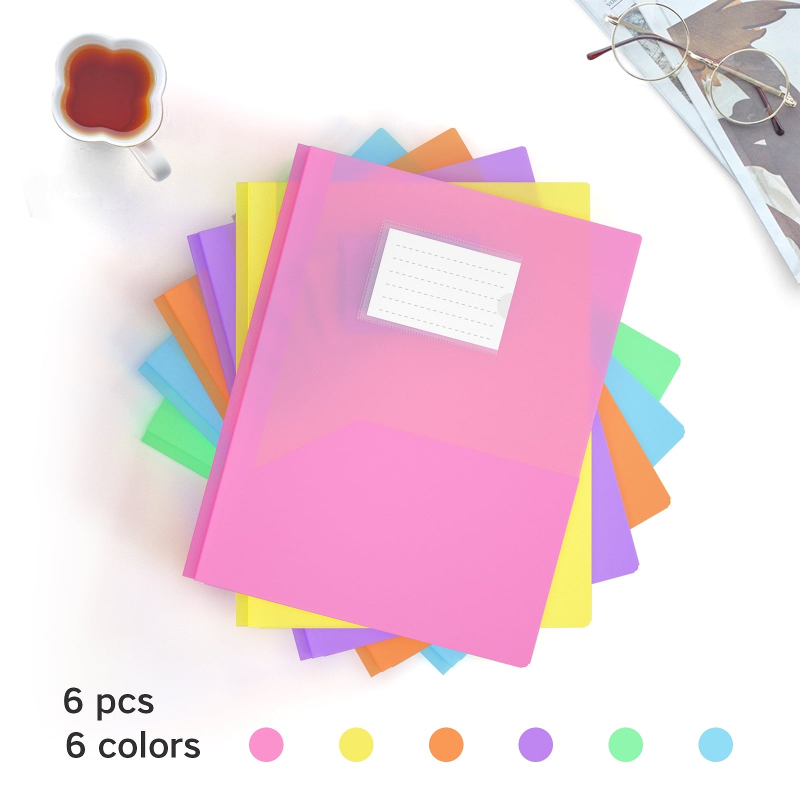 Two Pocket Folders with Prongs,DoDoMagxanadu 6 Pack Plastic Folders for Letter Size Paper,File Folders for School Office Business,Assorted 6 Colors