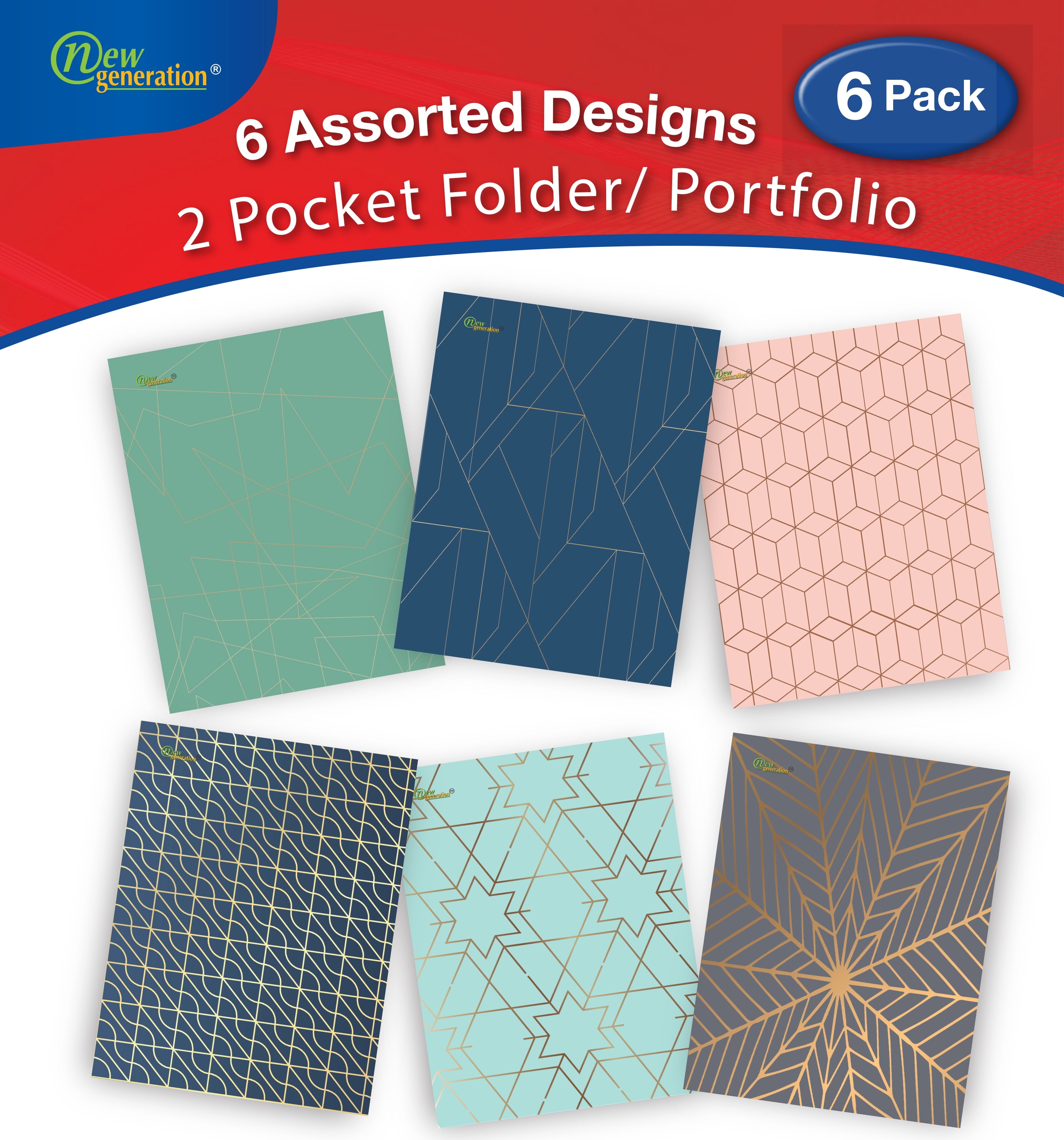 New Generation - Gold Patterns 2 Pocket Folders, with 3 Hole Punch to use with Your Binder, folders are Heavy Duty and Glossy Laminated (6 Pack FOLDERS)