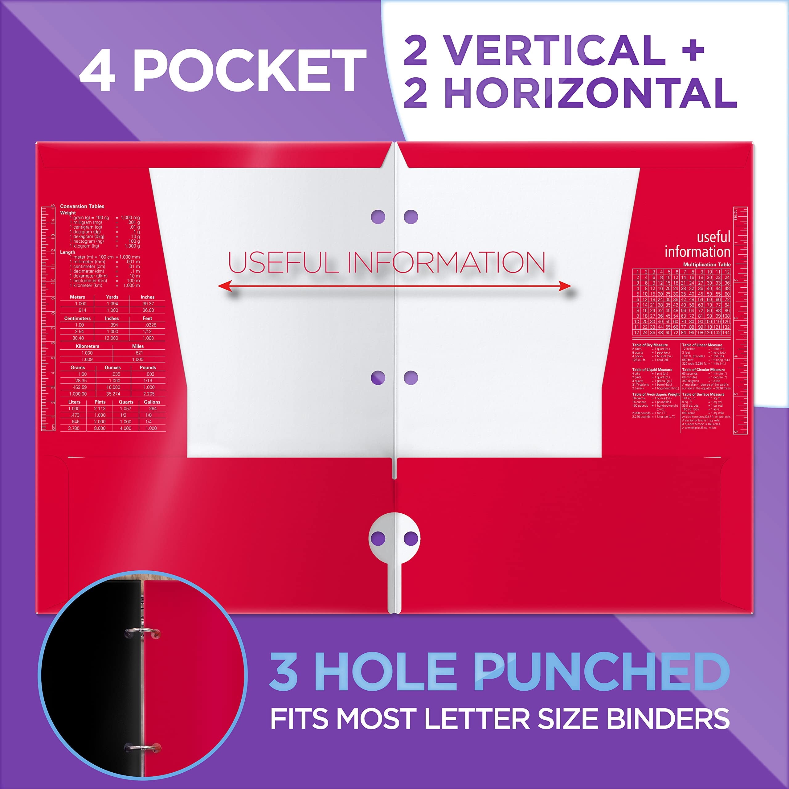 4 Pocket Glossy Laminated Paper Folders (6 Pack), 3 Hole Punch Portfolios, Assorted Colors, by Better Office Products (Primary Colors)