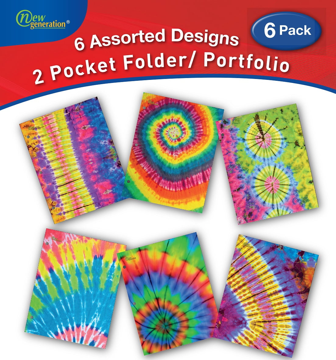 New Generation Tie Dye 2-Pocket Folders, Assorted Colors, 6 Count