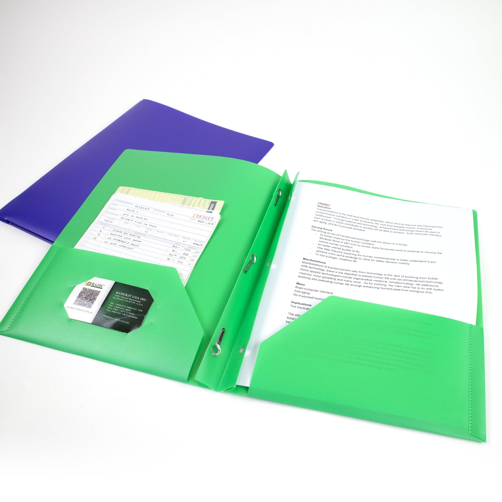 BAZIC 2 Pockets Poly Folder Portfolio, 3 Prong Fastener Clip, 8-Pack