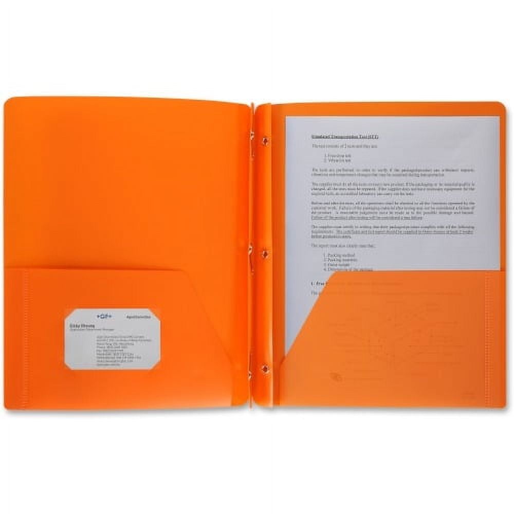 Business Source 3-Hole Punched Poly Portfolios Letter - 8 1/2" x 11" Sheet Size - 50 Sheet Capacity - 3 x Prong Fastener(s) - 2 Pocket(s) - Poly - Orange - 1 Each