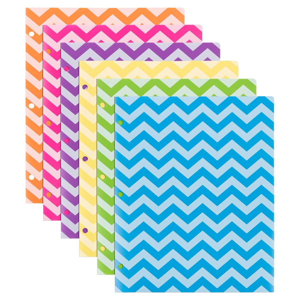 JAM Paper 3 Hole Punch Chevron Pop Folders, Assorted Fashion, 9.5 x 11.5, 6/Pack
