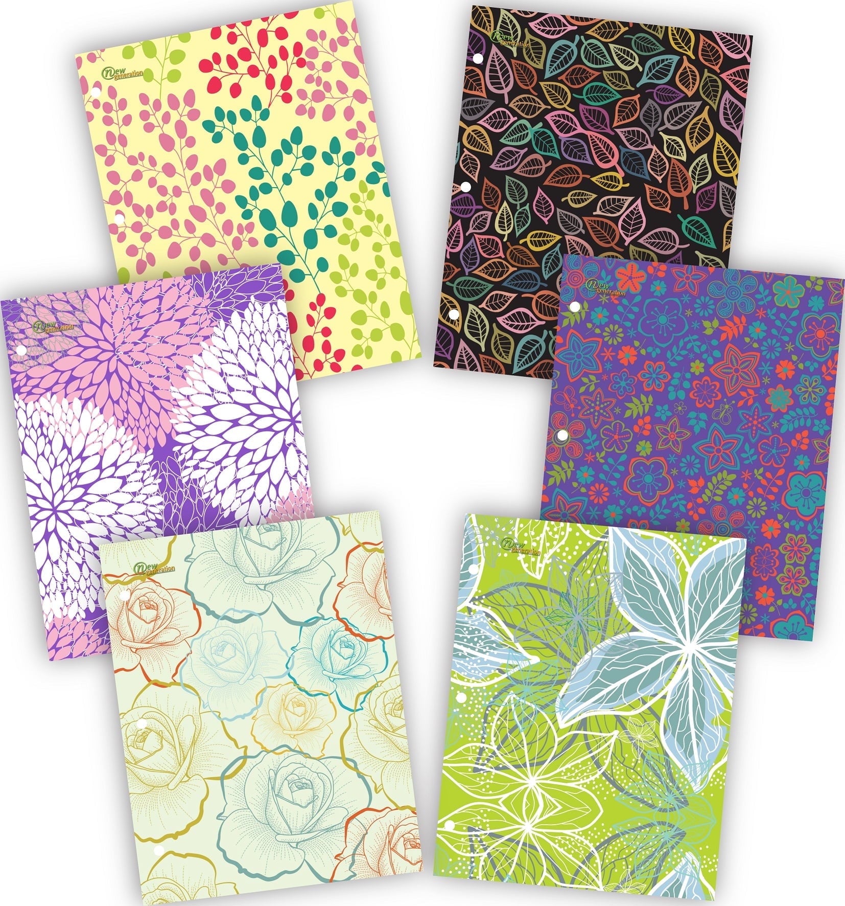 New Generation Floral 2-Pocket Folders, 12 x 9.25 in, Multicolor, 6 Count