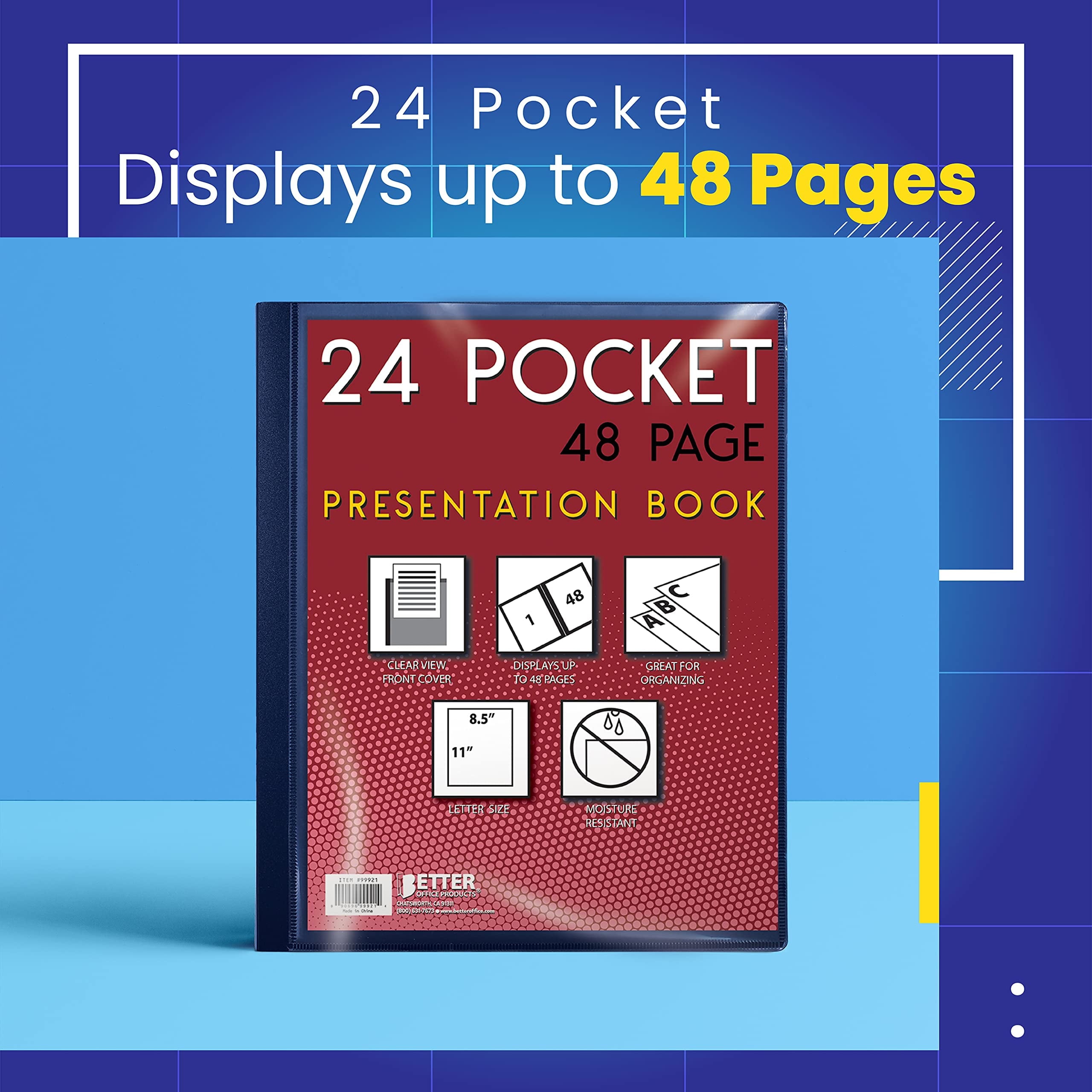 24 Pocket Bound Presentation Book, Blue with Clear View Front Cover, 48 Sheet Protector Pages, 8.5" x 11" Sheets, by Better Office Products, Art Portfolio, Durable Poly Covers, Letter Size, Blue