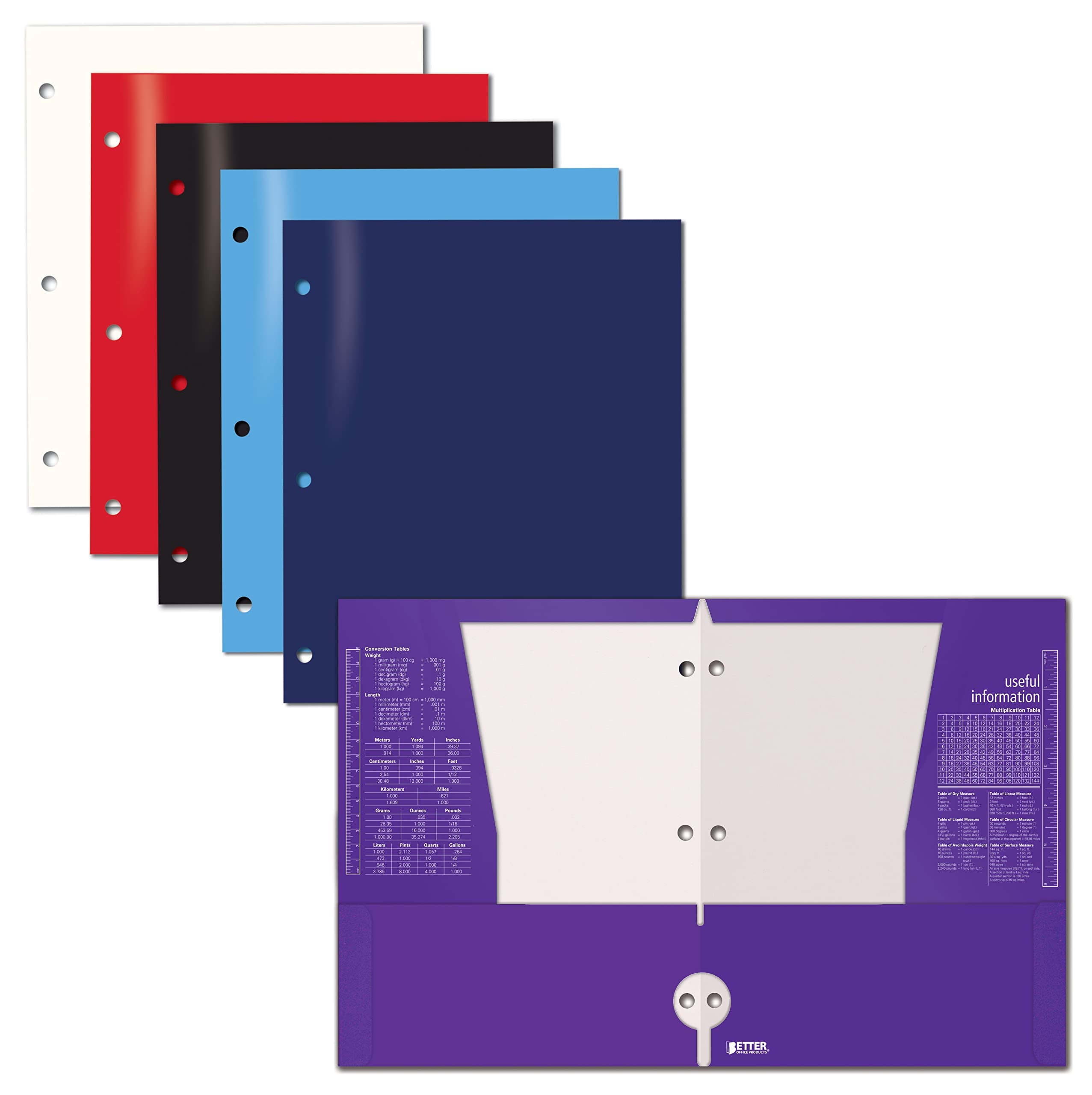 4 Pocket Glossy Laminated Paper Folders (6 Pack), 3 Hole Punch Portfolios, Assorted Colors, by Better Office Products (Primary Colors)