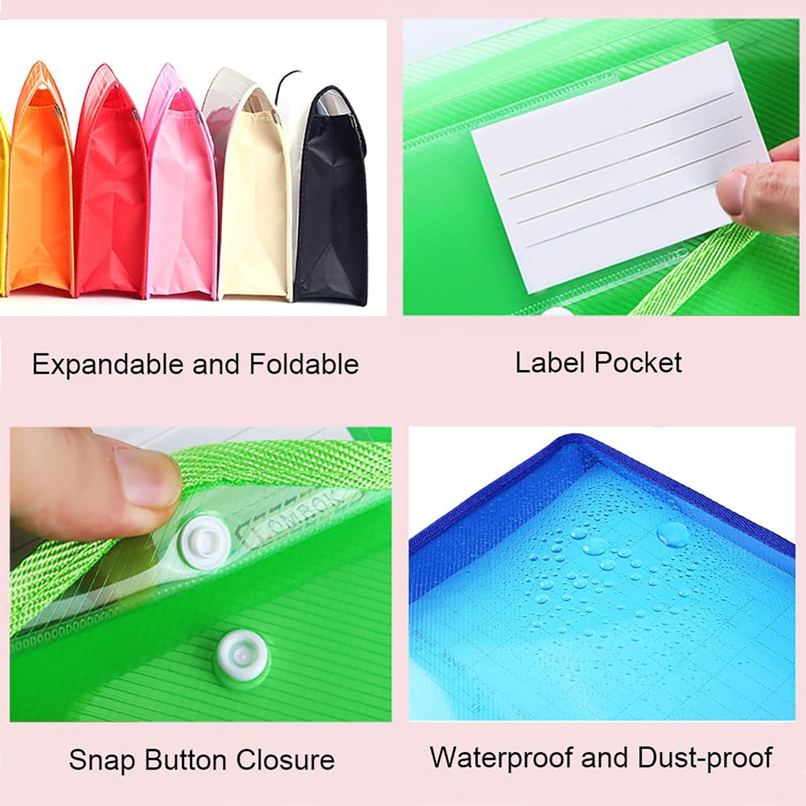 Pedty ,Plastic File Folders Envelope Expanding File Wallet Organizer Documents Folder with Snap Closure and Pocket A5 Size Transparent File Pouch for School (Assorted Color Vertical)