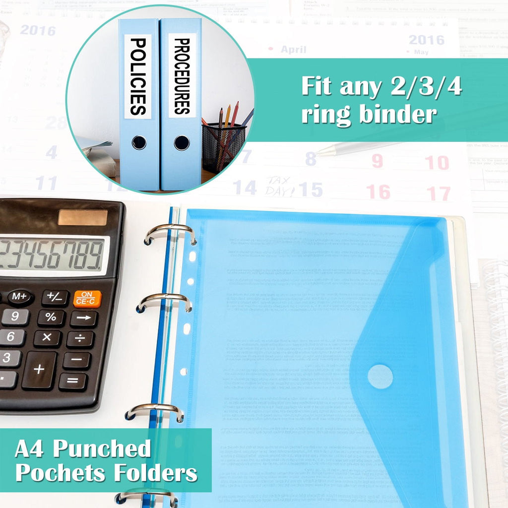10 Pack Punched Pockets A4 Plastic Folders Wallets Ring Binder Files Popper Wallets for Home, Office and School
