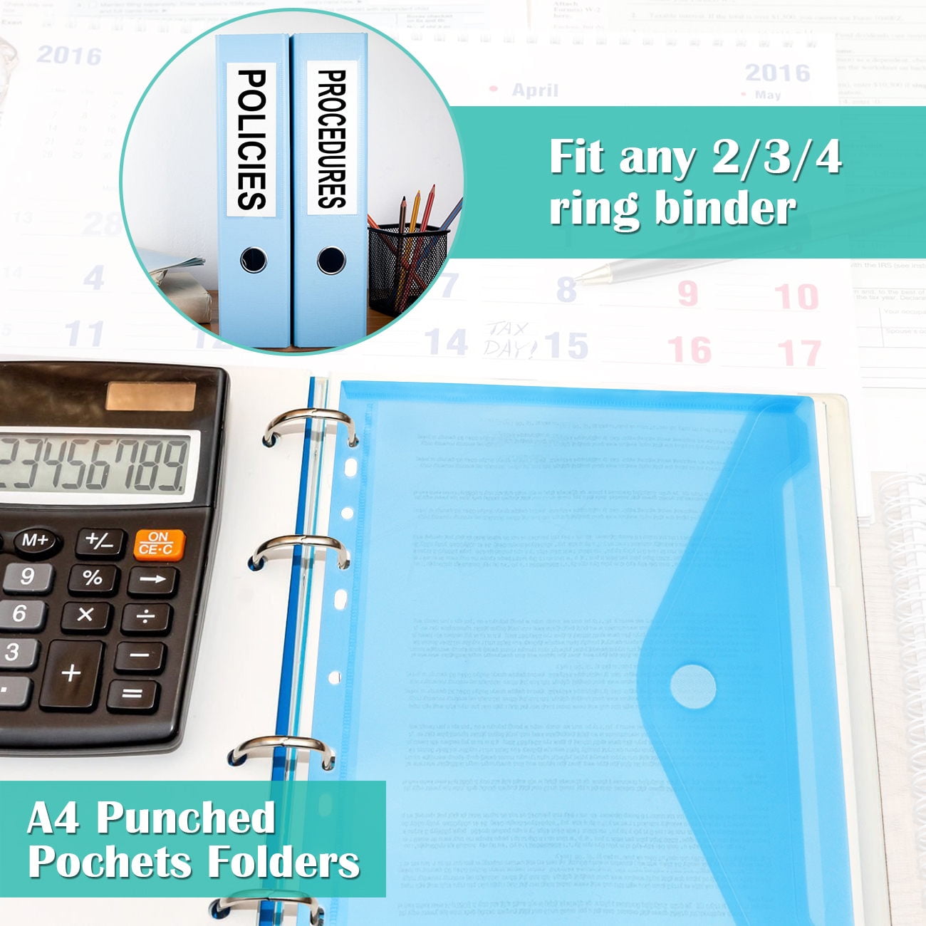 10 Pack Punched Pockets A4 Plastic Folders Wallets Ring Binder Files Popper Wallets for Home, Office and School