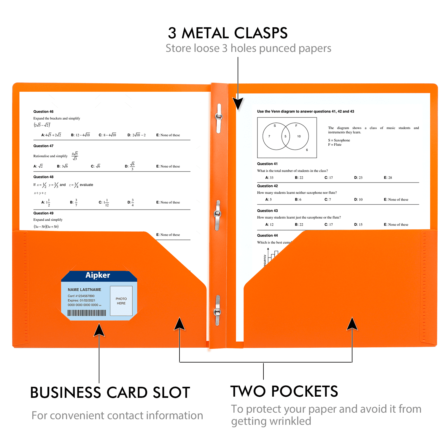 Aipker 7-Color Folders with Pockets and Prongs, Pockets Folder with Business Card Slots, Set of 7 Pack