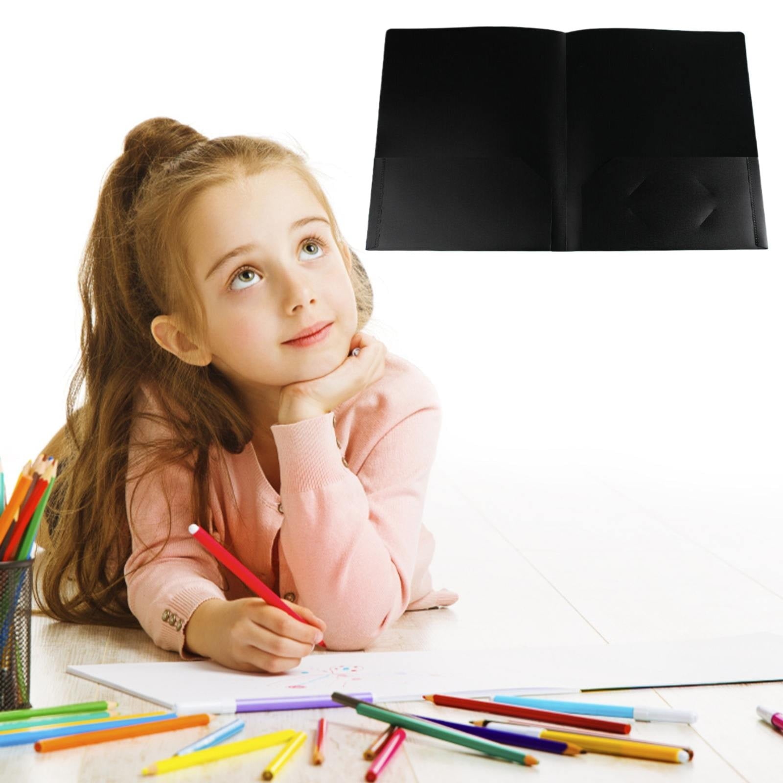 ZXNWN 2-Pocket Paper Folder, Plastic Folders, Black Plastic Poly Folders with Prongs for School Office, Letter Size