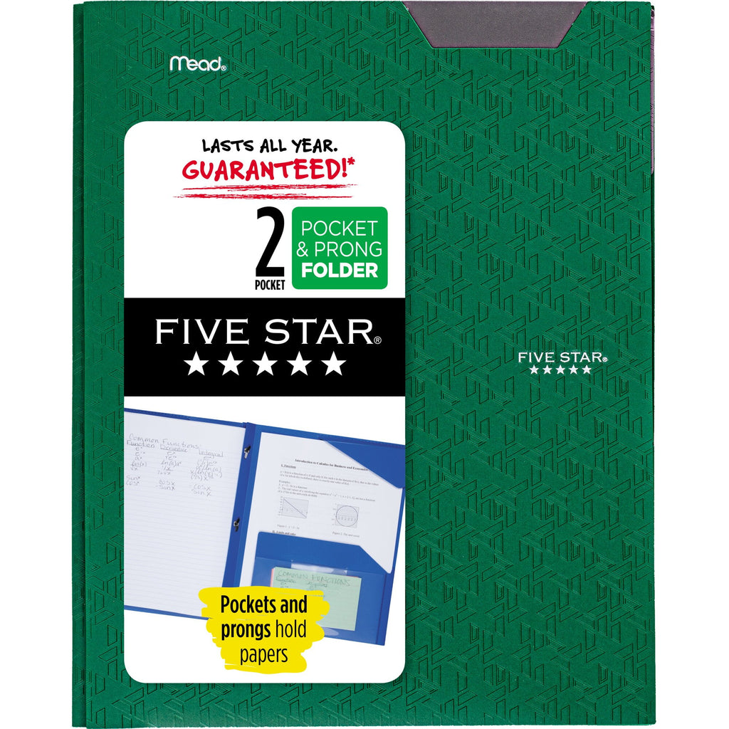 Five Star Stay-Put Plastic Pocket and Prong Folder Forest Green - Pocket And