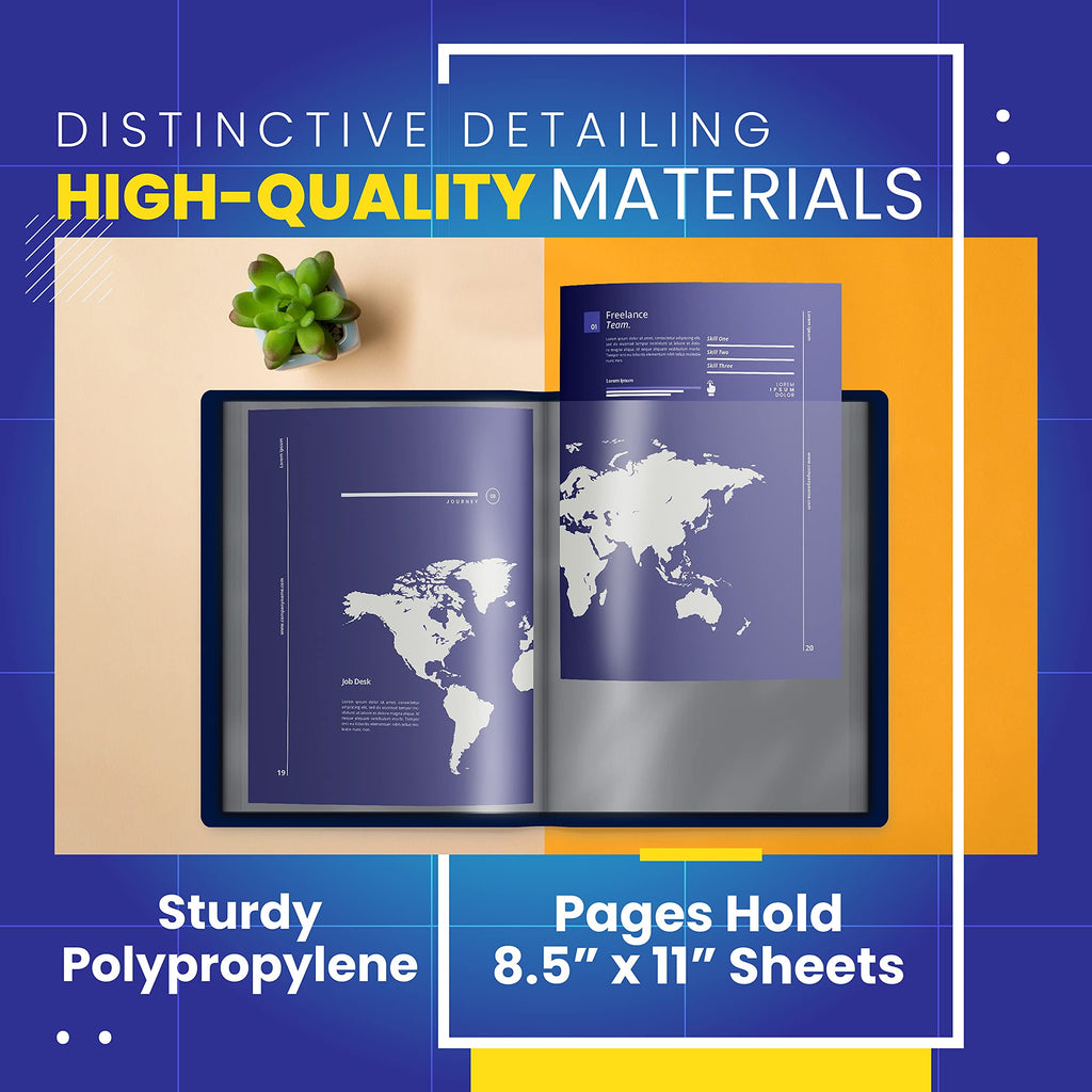 24 Pocket Bound Presentation Book, Blue with Clear View Front Cover, 48 Sheet Protector Pages, 8.5" x 11" Sheets, by Better Office Products, Art Portfolio, Durable Poly Covers, Letter Size, Blue