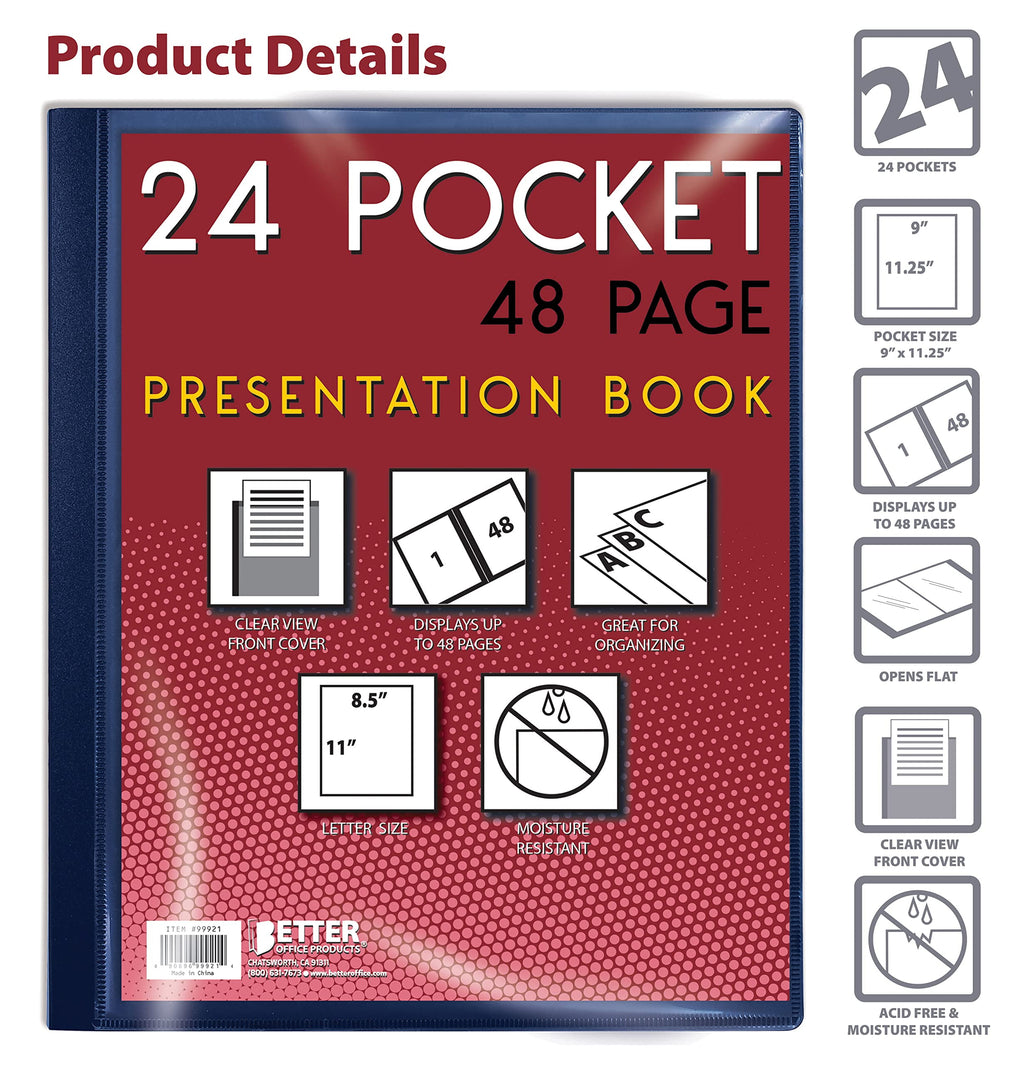 24 Pocket Bound Presentation Book, Blue with Clear View Front Cover, 48 Sheet Protector Pages, 8.5" x 11" Sheets, by Better Office Products, Art Portfolio, Durable Poly Covers, Letter Size, Blue
