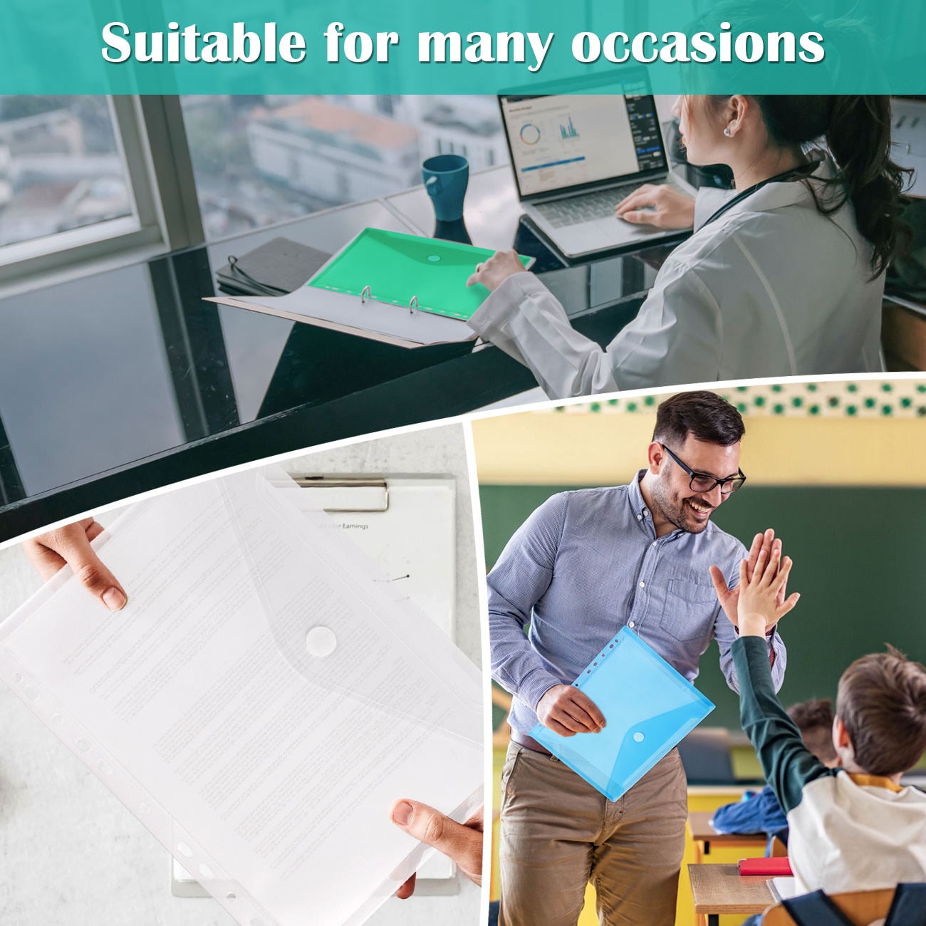 10 Pack Punched Pockets A4 Plastic Folders Wallets Ring Binder Files Popper Wallets for Home, Office and School