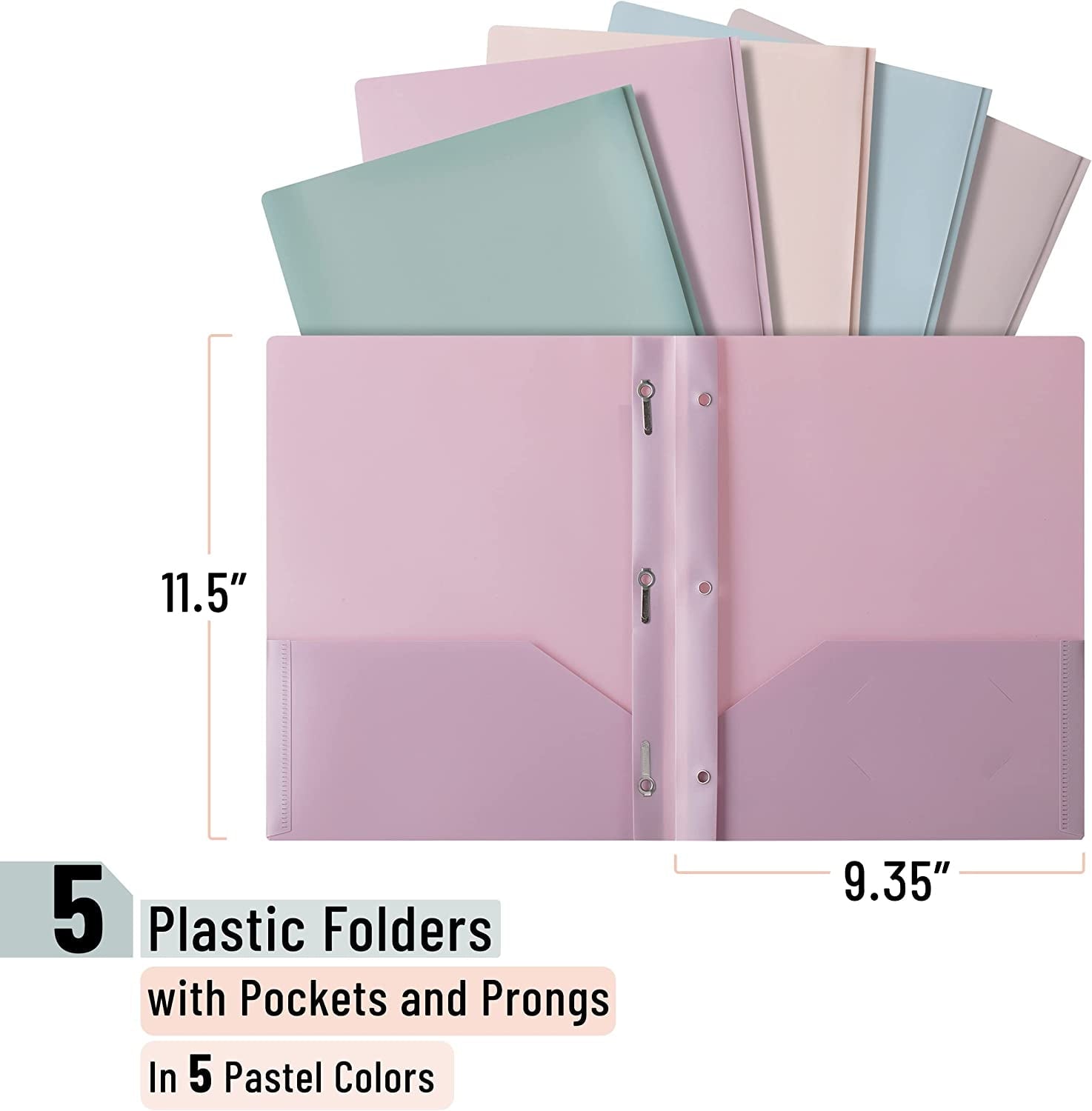 Mr. Pen- Plastic Folders with Pockets and Prong, 5 Pack, Muted Pastel Colors